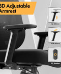 3D armrest adjustments on ergonomic mesh office chair with 3D lumbar support, V shaped back, height and tilt adjustable, black.
