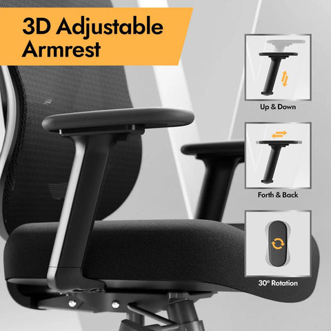 3D armrest adjustments on ergonomic mesh office chair with 3D lumbar support, V shaped back, height and tilt adjustable, black.