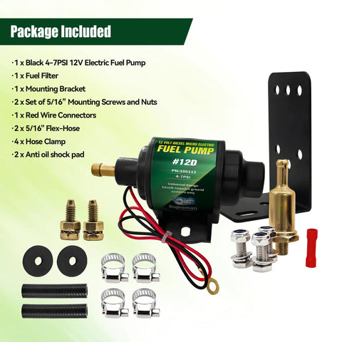 Diesel Specific Micro Electric Fuel Pump, 12 Volt, 35 GPH at 4 to 7 PSI with installation kit and universal 5/16 inch fittings.