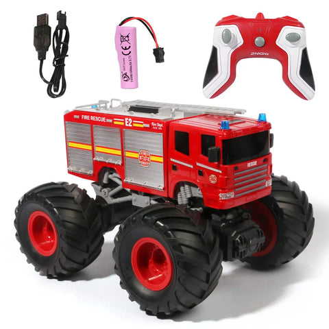 Remote Control Fire Truck Monster Truck Toy 1 By 18 Scale with LED lights, remote, and battery on white background