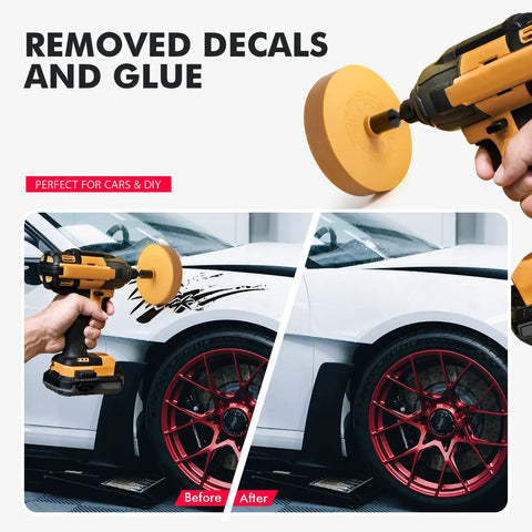 Eraser Wheel for Drill Decal Remover With Adapter DIY Razor Blade Scraper Kit in use on car side with removed decals