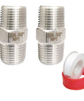 Two 3/8-inch male NPT hex nipples, 304 stainless steel, with Teflon tape (pack of 2)