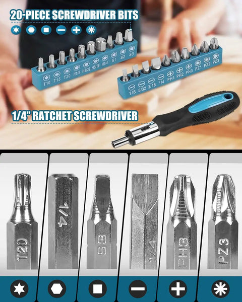 20-piece screwdriver bits and ratchet screwdriver from Home Repair Tool Kit 144 Piece Set With Hammer Pliers Wrenches Voltage Tester Tape Measure And Screwdriver Bits In Portable Storage Box Ideal For DIY Projects And Everyday Home Repairs