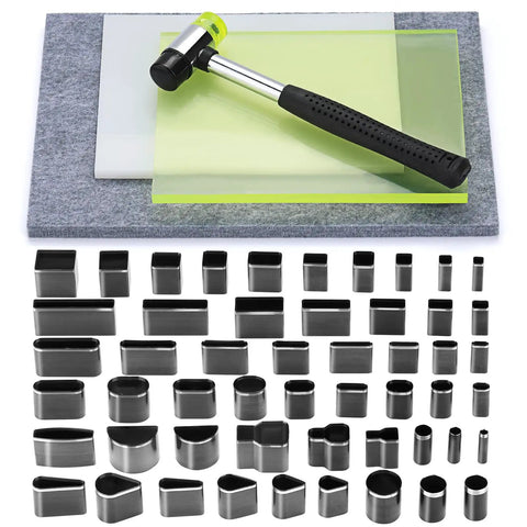52 Shape Style Leather Hole Punch Kit With Leather Punch Mat And 3 Pcs Punching Pad Includes Nylon Hammer And Sound Absorbing Pad