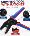 Shop Grade Heat Shrink Butt Connector And T Tap Splice Kit With Heavy Duty Wire Crimper 250 Piece Assorted Terminals 22 To 10 Awg Crimping tool with ratchet mechanism and adjustable wheel.