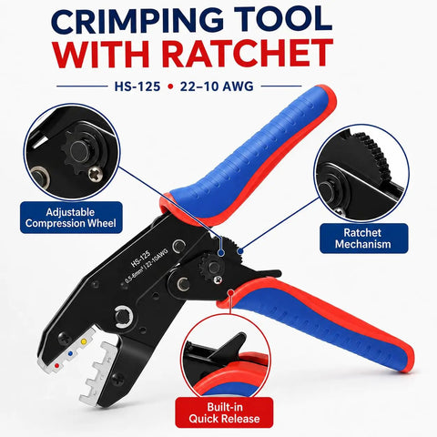 Shop Grade Heat Shrink Butt Connector And T Tap Splice Kit With Heavy Duty Wire Crimper 250 Piece Assorted Terminals 22 To 10 Awg Crimping tool with ratchet mechanism and adjustable wheel.