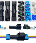 Weather Pack 2 Pin Waterproof Automotive Electrical Connectors Kit For 14-12 AWG Wire Quick Connect And Disconnect Includes Male And Female Terminals Durable 6 Set Pack components.