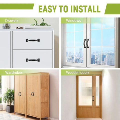 Six Pack 5.43 Inch Metal Gate Handle Replacement Kit Matte Black Barn Door Handles installed on drawers, windows, wardrobes, doors
