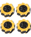 Four yellow 80mm mecanum wheels with black centers and rubber rollers for DIY robot car projects