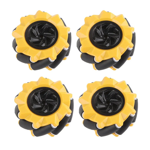 Directional 80mm Robot Car Wheels With Accessories, Two Pairs, shown with yellow and black rugged design for DIY robots.