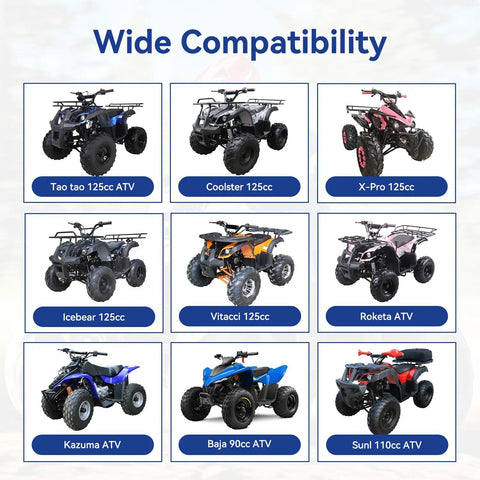 Image showing various ATVs compatible with All In One ATV Wiring Harness Kit For 50cc To 125cc Chinese Quads Plug And Play.