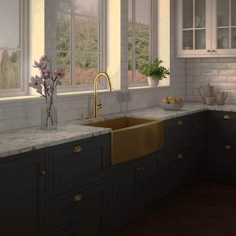 Top Shelf Brushed Titanium Gold Kitchen Faucet With Pull Down Magnetic Docking Sprayer in marble countertop kitchen