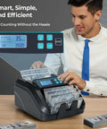 Man using Value Counting Money Counter For Cashiers, Boss Level Speed At 1100 Bills Per Minute with clear LCD display.