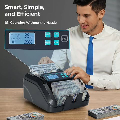 Man using Value Counting Money Counter For Cashiers, Boss Level Speed At 1100 Bills Per Minute with clear LCD display.