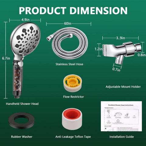 Hard Water Filtered Handheld Shower Head With 9 Spray Modes And Boss High Pressure Jet Flush Water Softener Showerhead Detachable Design 60 Inch Hose Adjustable Holder Flow Restrictor diagram