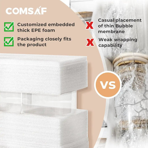 Packaging comparison for Two Pack 3.6 Qt Square Glass Food Storage Jars With Lids; thick foam vs thin membrane.