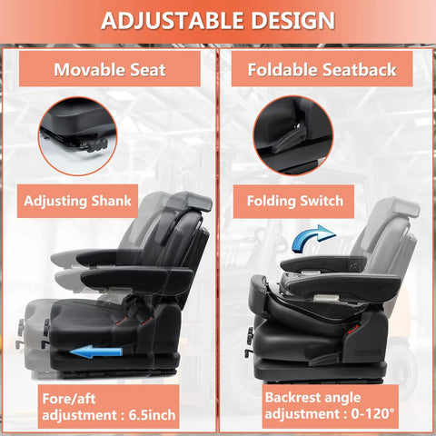 Front and side views of TICSEA tractor suspension seat with foldable back, 6.5in fore-aft adjustment and 0–120° recline, Amazon