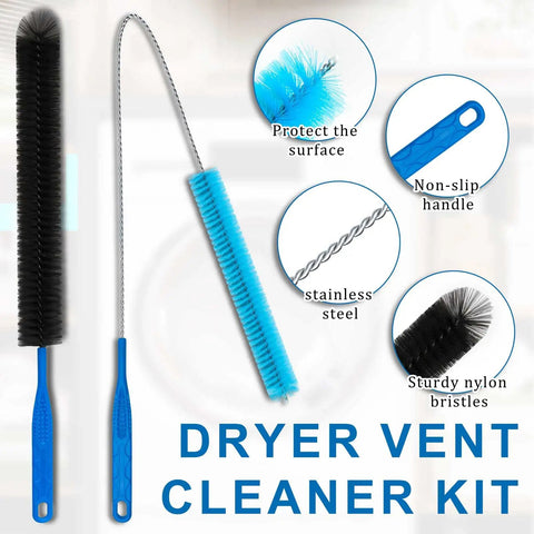 Dryer Vent Cleaner Kit with cleaning brush tools, stainless steel wire, and nylon bristles for efficient maintenance.