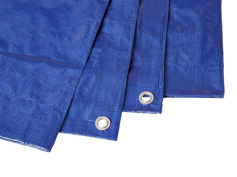Close-up of Blue 20x40 Heavy Duty 5 Mil Tarp Cover Waterproof UV Resistant Poly Tarpaulin with reinforced edges and grommets.