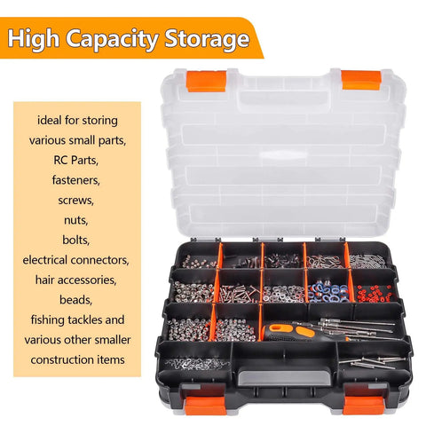 RC Gear Organizer Box With Adjustable Compartments And Removable Dividers, Durable Plastic Double Sided Toolbox open with contents