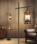 Vintage Floor Lamp With Built-In Table And Arc Lantern In Rustic Bronze Gold Finish in cozy living room setting