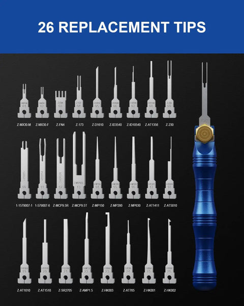 Pro 30 Piece Depinning Tool Kit With Replaceable Pin Extractor Tips showing 26 replacement metal tips and ergonomic blue handle.