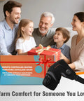 Family smiling with gift box of Cordless Shoulder Heating Pad With Detachable Remote, Five Heat Levels And Five Vibration Modes.