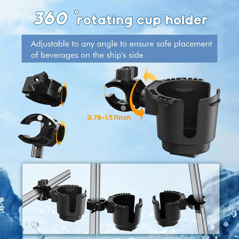 360 rotating Universal Cup Holder Clamp that fits 0.6 to 1.5 inch tubes for ATV motorcycle bike wheelchair golf cart.