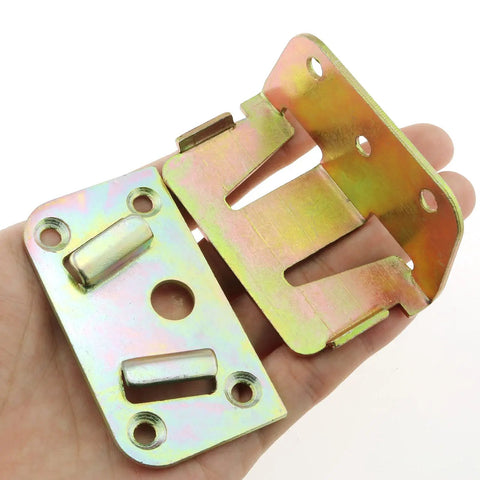 Heavy Duty Galvanized Bed Rail Brackets 2 Pack Wood Frame Connectors hold in hand showcasing zinc plated iron design for strong support.