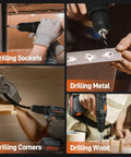 20V Cordless Drill Kit That Tackles Tough Jobs Like a Pro, Two-Speed Power Drill in use for drilling sockets, metal, corners, wood