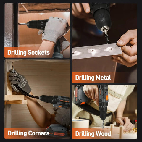 20V Cordless Drill Kit That Tackles Tough Jobs Like a Pro, Two-Speed Power Drill in use for drilling sockets, metal, corners, wood