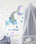 Homie Mermaid Wall Decals For Girls Nursery Room Decor And Kids Bedroom Decoration Tail Stickers Baby Girl Purple Tail Wall Decor Eco Friendly Safe Non Toxic Peel And Stick Removable Wall Art, featuring colorful mermaid tail and quote on nursery wall near crib