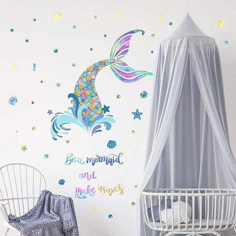 Homie Mermaid Wall Decals For Girls Nursery Room Decor And Kids Bedroom Decoration Tail Stickers Baby Girl Purple Tail Wall Decor Eco Friendly Safe Non Toxic Peel And Stick Removable Wall Art, featuring colorful mermaid tail and quote on nursery wall near crib