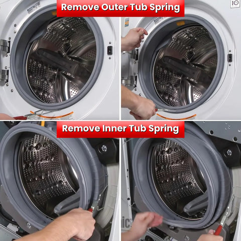 Front-loading washing machine with tub spring removal tool in use; shows inner and outer tub springs.