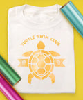 Electric Yellow EasyWeed HTV Heat Transfer Vinyl 11.8 by 3ft Roll For Tshirts Hoodies And Crafts on white t-shirt with turtle design.