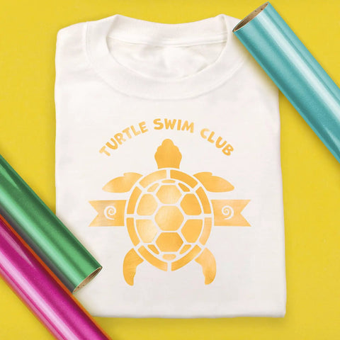 Electric Yellow EasyWeed HTV Heat Transfer Vinyl 11.8 by 3ft Roll For Tshirts Hoodies And Crafts on white t-shirt with turtle design.