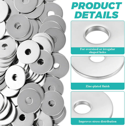 200 Pack Fender Washers Set, 3/8 In X 1-1/2 In Stainless Steel Flat Washers, 2 Mm Thick Zinc Hardware Washers For Screws