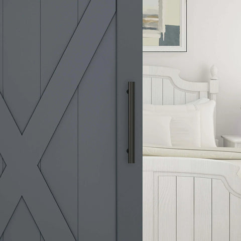Madison Barn Door Pull Handle Matte Black 12 Inch for Wood Interior Doors Modern Farmhouse Hardware installed on blue barn door