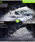 Comparison of two mechanics using Magnetic Underhood LED Work Light 2000 Lumens Cordless With 5200mAh Rechargeable Battery, showing brightness differences at 2000LM and 1000LM.