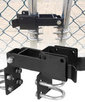 Tough As Nails Double Gate Latch Fits 1-1/4 Inch Chain Link Posts With Heavy Duty Strong Arm And Lock Down Padlock Holes Ready For Ranch Farm Or Backyard Gates In Matte Black on a chain link gate.