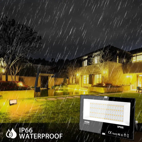 All Weather Outdoor LED Flood Light 8000LM RGBW Color Changing, IP66 Waterproof, illuminated during rain at night