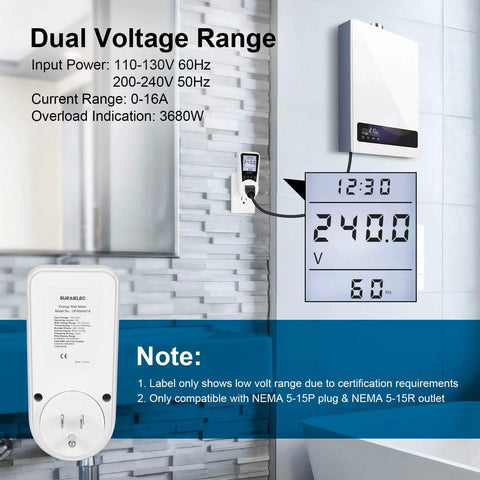 Plug In Energy Meter With Real Time Cost Tracking And Backlit Display For Easy Readouts, Overload Protection, Kilowatt Wattage Voltage Amp Tester, Your Go To Electricity Usage Monitor For Home And Office, showing dual voltage range and specs on a wall display.