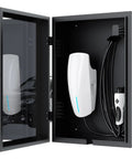 Tough Wall Mount EV Charger Cover For Your Daily Plug In Rig, Heavy Duty Outdoor Shell with a dual key combo lock and white charger.