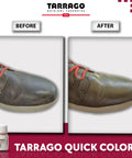 No Sweat Quick Color Leather And Canvas Dye For Beat Up Kicks Boots Bags And Coats In Bold Purple 25 Ml Tube shown on restored leather shoes.