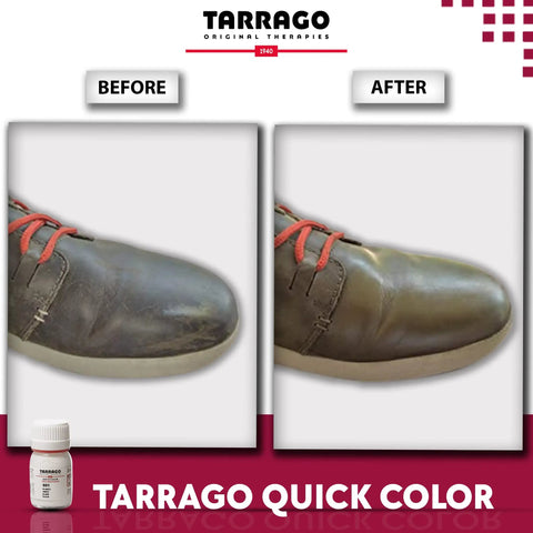 No Sweat Quick Color Leather And Canvas Dye For Beat Up Kicks Boots Bags And Coats In Bold Purple 25 Ml Tube shown on restored leather shoes.