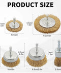 5 Piece Drill Wire Brush Set With One Quarter Inch Hex Shank Rust Removal Wheels Cups And End Brush shown with sizes
