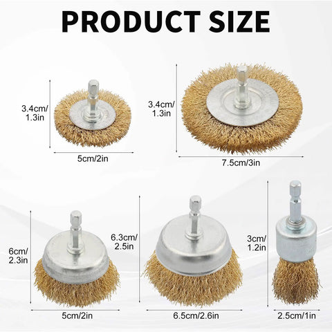 5 Piece Drill Wire Brush Set With One Quarter Inch Hex Shank Rust Removal Wheels Cups And End Brush shown with sizes