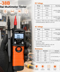Hand holding AI-38B Digital Multimeter Tester with display shown, features listed, Compact Digital VOM Meter For DIYers And Auto Fixers.