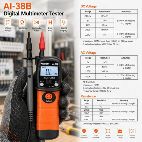 Hand holding AI-38B Digital Multimeter Tester with display shown, features listed, Compact Digital VOM Meter For DIYers And Auto Fixers.