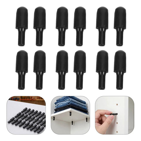 Stainless Steel Shelf Support Pegs 24Pcs Black with Rubber Covers for adjustable and stable cabinet and wardrobe shelves.